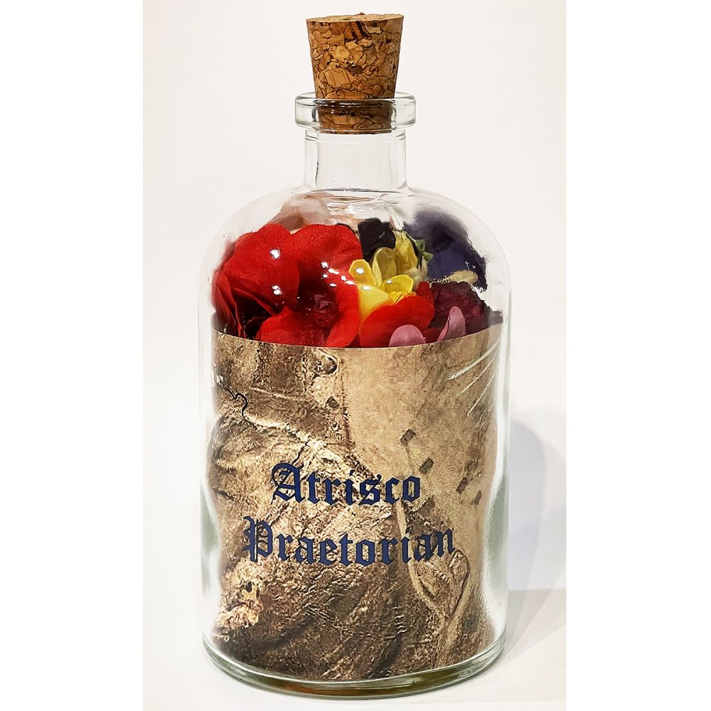 <br/>Atrisco Praetorian, 10/9/2025<br/>Apx 6½" x 3" x 3"<br/>glass, paper, ink, cork, cloth and plastic